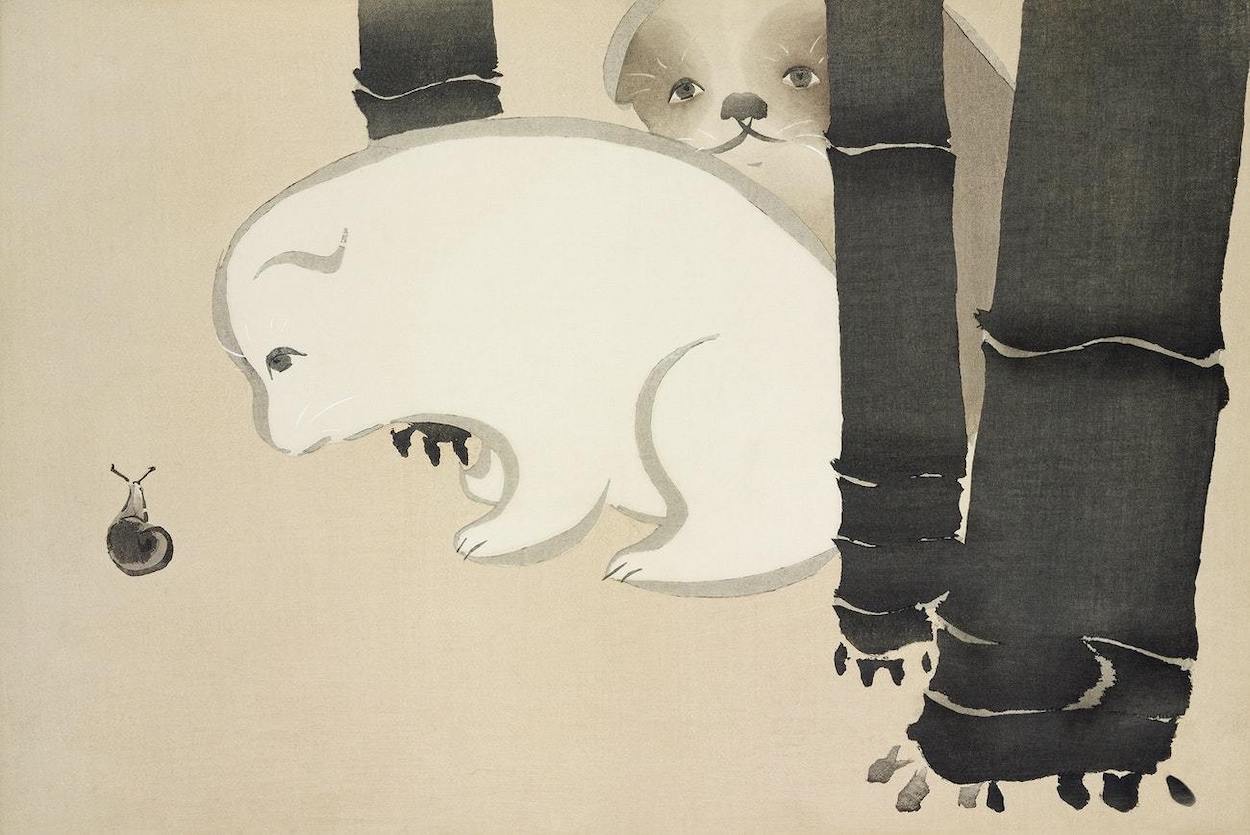 Japanese painting of two little bears watching a snail